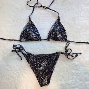 black paisley patterned two piece string bikini